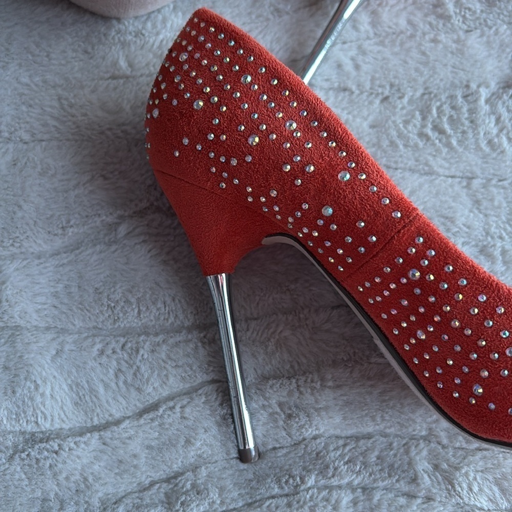 Orange Rhinestone Peek Toe Pumps - Picture 6 of 9